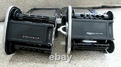Hasselblad 500 CM medium format camera body, view finder, 2 film backs